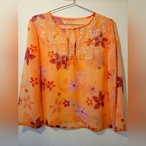 Sheer Summer Floral Beaded Long Sleeve Tunic Blouse